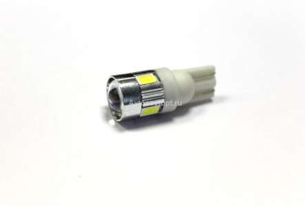 Лампа светодиодная Т10 (W2,1-9,5d) белая, ЛИНЗА 6 SMD 5630 диодов, (б/цокольная) 12v